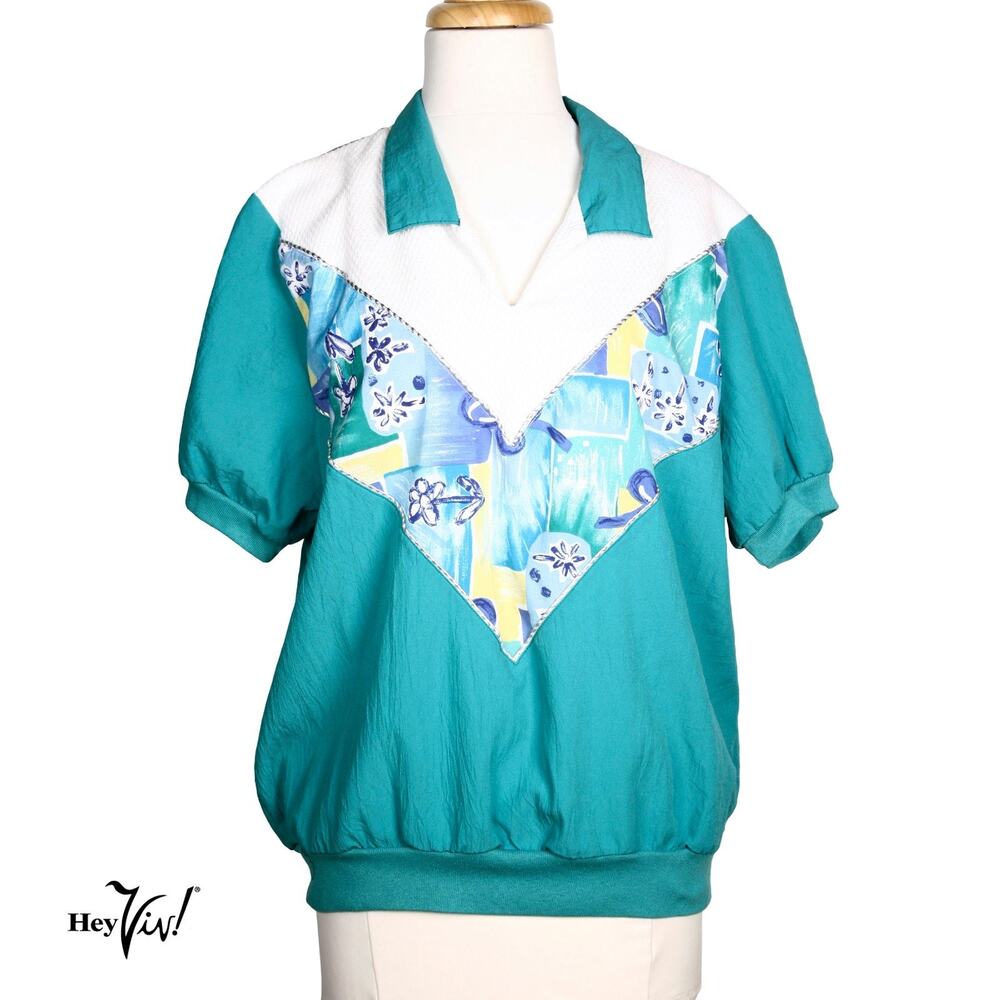 Vintage Cricket Lane Blouson Top Teal Color Block 90s Shirt Size Large - Hey Viv